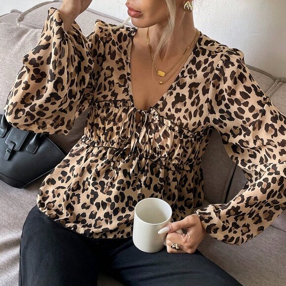 Multicolor Casual Women's Front Tie Long Sleeve Leopard Print Shirt - Picture 6 of 7